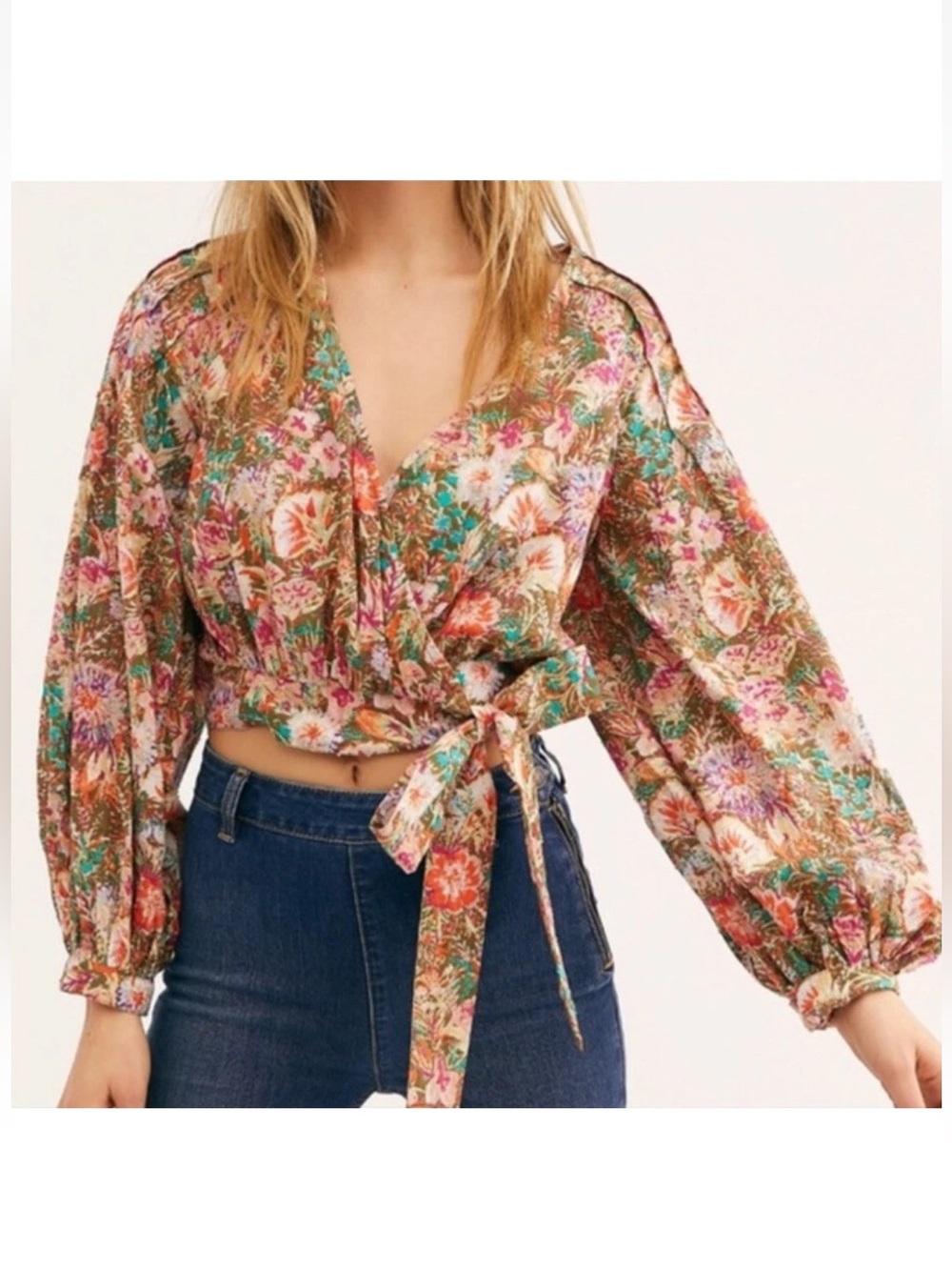 Free People Medium Party Playlist Wrap Blouse Cropped Long Sleeve Blouse Floral